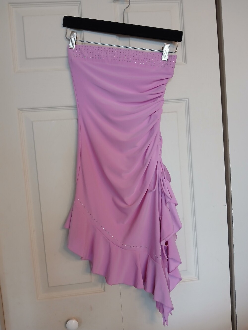 Light Pink Y2K Ruffle Asymmetric Mini Dress with Silver Rhinestones, Size Small